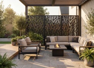 Best Metal Privacy Screens (2026): Outdoor Privacy That Works A modern backyard featuring a black laser-cut outdoor metal privacy screen dividing a seating area.