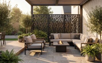 Best Metal Privacy Screens (2026): Outdoor Privacy That Works A modern backyard featuring a black laser-cut outdoor metal privacy screen dividing a seating area.