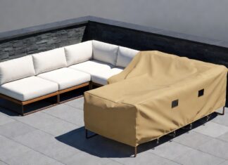 Best Outdoor Patio Furniture Covers (Why You Don’t Need Custom) A high quality waterproof patio furniture cover protecting an outdoor modular sectional on a sunny deck.