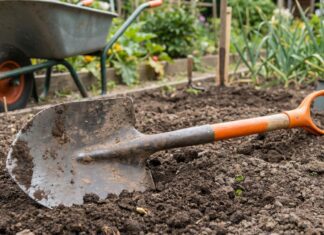 Best Round Point Shovel: Uses, Types & Buying Guide Round point shovel with a steel blade and fiberglass handle in garden soil