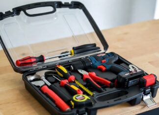 Best Tool Kit With Drill For Home (2026 DIY Starter Kits) An open, neatly organized home tool kit featuring a cordless drill on a wooden workbench ready for a DIY project.