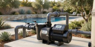 Best Variable Speed Pool Pump 2026: A DIY Guide to 70% Lower Bills A modern, energy-efficient variable speed pool pump installed on a concrete equipment pad next to a residential swimming pool.