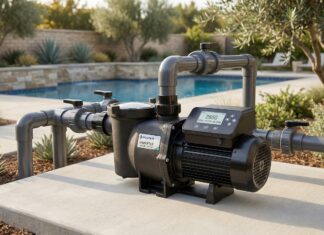 Best Variable Speed Pool Pump 2026: A DIY Guide to 70% Lower Bills A modern, energy-efficient variable speed pool pump installed on a concrete equipment pad next to a residential swimming pool.