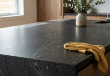 Leathered Granite Countertops (2026): Cost, Colors & Cleaning A close-up of a modern kitchen island featuring dark black pearl leathered granite countertops with a matte, textured finish.