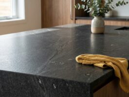 Leathered Granite Countertops (2026): Cost, Colors & Cleaning A close-up of a modern kitchen island featuring dark black pearl leathered granite countertops with a matte, textured finish.