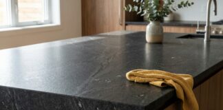 Leathered Granite Countertops (2026): Cost, Colors & Cleaning A close-up of a modern kitchen island featuring dark black pearl leathered granite countertops with a matte, textured finish.