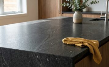 Leathered Granite Countertops (2026): Cost, Colors & Cleaning A close-up of a modern kitchen island featuring dark black pearl leathered granite countertops with a matte, textured finish.