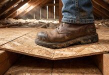 Can I Walk on 7/16 OSB? Safety Guide & Weight Limits (2026) A heavy work boot stepping on thin 7/16 OSB causing it to bend dangerously between attic joists.