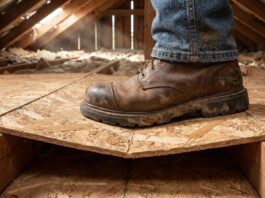 Can I Walk on 7/16 OSB? Safety Guide & Weight Limits (2026) A heavy work boot stepping on thin 7/16 OSB causing it to bend dangerously between attic joists.