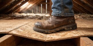 Can I Walk on 7/16 OSB? Safety Guide & Weight Limits (2026) A heavy work boot stepping on thin 7/16 OSB causing it to bend dangerously between attic joists.