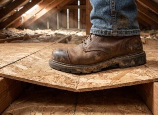 Can I Walk on 7/16 OSB? Safety Guide & Weight Limits (2026) A heavy work boot stepping on thin 7/16 OSB causing it to bend dangerously between attic joists.