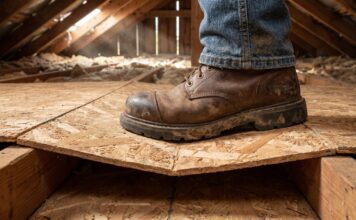 Can I Walk on 7/16 OSB? Safety Guide & Weight Limits (2026) A heavy work boot stepping on thin 7/16 OSB causing it to bend dangerously between attic joists.