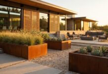 Core 10 Steel Planters: Buying Guide & Design Secrets (2026) Modern rectangular Core 10 steel planters with natural rust patina in a luxury garden.