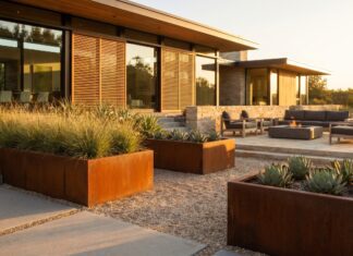 Core 10 Steel Planters: Buying Guide & Design Secrets (2026) Modern rectangular Core 10 steel planters with natural rust patina in a luxury garden.