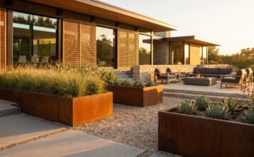 Core 10 Steel Planters: Buying Guide & Design Secrets (2026) Modern rectangular Core 10 steel planters with natural rust patina in a luxury garden.