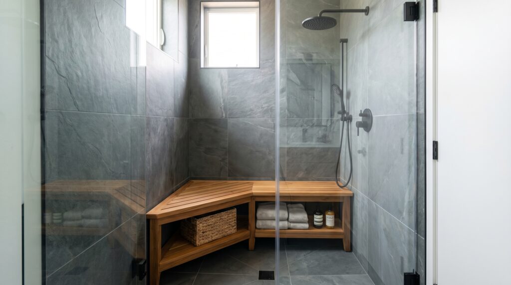A teak corner shower bench placed inside a modern walk-in shower