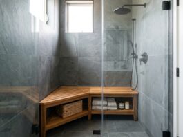 Corner Shower Bench: Best Types, Sizes, Materials & Buying Tips A teak corner shower bench placed inside a modern walk-in shower