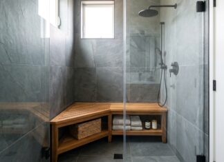 Corner Shower Bench: Best Types, Sizes, Materials & Buying Tips A teak corner shower bench placed inside a modern walk-in shower