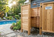 Outdoor Shower Kit (2026): My $1,200 DIY Backyard Build A beautiful DIY cedar outdoor shower enclosure kit built next to a residential backyard pool, featuring a metal showerhead and a gravel drainage base.