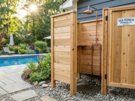 Outdoor Shower Kit (2026): My $1,200 DIY Backyard Build A beautiful DIY cedar outdoor shower enclosure kit built next to a residential backyard pool, featuring a metal showerhead and a gravel drainage base.