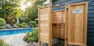 Outdoor Shower Kit (2026): My $1,200 DIY Backyard Build A beautiful DIY cedar outdoor shower enclosure kit built next to a residential backyard pool, featuring a metal showerhead and a gravel drainage base.
