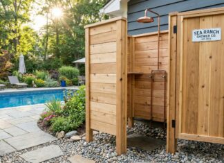 Outdoor Shower Kit (2026): My $1,200 DIY Backyard Build A beautiful DIY cedar outdoor shower enclosure kit built next to a residential backyard pool, featuring a metal showerhead and a gravel drainage base.