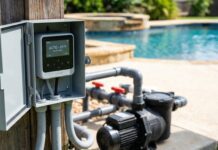 Pool Pump Timer (2026): DIY Install & Run Time Calculator A new digital pool pump timer mounted in a weatherproof outdoor box near residential swimming pool equipment.