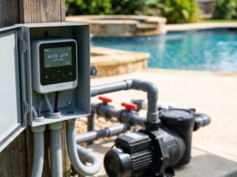 Pool Pump Timer (2026): DIY Install & Run Time Calculator A new digital pool pump timer mounted in a weatherproof outdoor box near residential swimming pool equipment.
