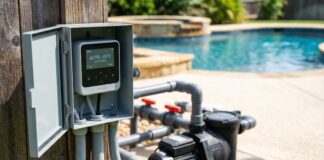 Pool Pump Timer (2026): DIY Install & Run Time Calculator A new digital pool pump timer mounted in a weatherproof outdoor box near residential swimming pool equipment.