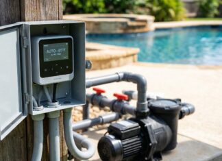 Pool Pump Timer (2026): DIY Install & Run Time Calculator A new digital pool pump timer mounted in a weatherproof outdoor box near residential swimming pool equipment.