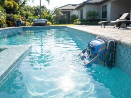 Dolphin Premier Robotic Pool Cleaner Review: Is It Worth It? (2026) A Dolphin Premier robotic pool cleaner scrubbing the blue tile waterline of a clean, sparkling in-ground backyard swimming pool.