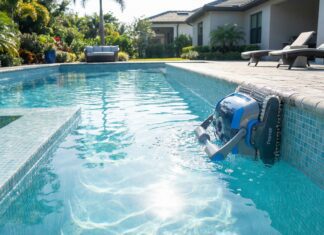 Dolphin Premier Robotic Pool Cleaner Review: Is It Worth It? (2026) A Dolphin Premier robotic pool cleaner scrubbing the blue tile waterline of a clean, sparkling in-ground backyard swimming pool.