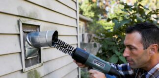 Dryer Vent Cleaning Price 2026: Actual Costs & DIY Tips A homeowner using a rotary brush tool to clean a clogged dryer vent to prevent a house fire.
