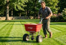 Earthway Spreader Review: Top Models & Settings Guide (2026) A professional landscaper using a red Earthway commercial broadcast spreader on a green lawn to prevent tiger stripes.