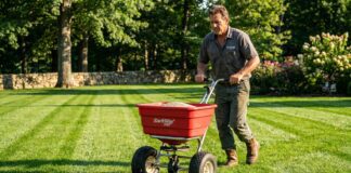 Earthway Spreader Review: Top Models & Settings Guide (2026) A professional landscaper using a red Earthway commercial broadcast spreader on a green lawn to prevent tiger stripes.