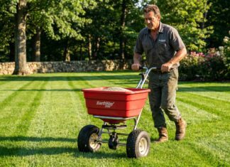 Earthway Spreader Review: Top Models & Settings Guide (2026) A professional landscaper using a red Earthway commercial broadcast spreader on a green lawn to prevent tiger stripes.