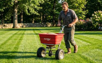 Earthway Spreader Review: Top Models & Settings Guide (2026) A professional landscaper using a red Earthway commercial broadcast spreader on a green lawn to prevent tiger stripes.