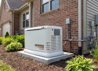 Generac Generator Prices 2026: Installed Costs & Size Guide A newly installed Generac home standby generator sitting on a concrete pad outside a residential home.
