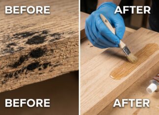 How to Get Rid of Mold on Wood & Restore Wood Rot (2026 Guide) A woodworker removing black mold from wood and restoring wood rot using epoxy.