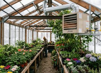 Greenhouse Furnaces (2026): Cost, BTU Sizing & Best Heaters A professional Modine gas furnace installed in the upper corner of a lush, green winter greenhouse