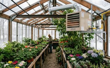 Greenhouse Furnaces (2026): Cost, BTU Sizing & Best Heaters A professional Modine gas furnace installed in the upper corner of a lush, green winter greenhouse