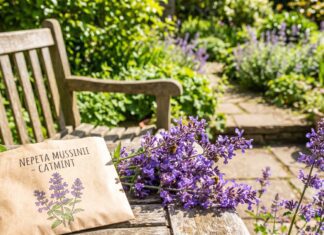 Catmint Seeds: How to Grow and Plant Them (2026 Guide) A blooming purple catmint plant next to a packet of catmint seeds in a sunny spring garden.
