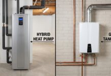 Heat Pump Water Heater vs Tankless: Which Is Better in 2026? A side-by-side comparison of a modern hybrid heat pump water heater and a wall-mounted gas tankless water heater.