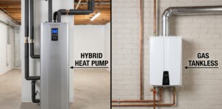 Heat Pump Water Heater vs Tankless: Which Is Better in 2026? A side-by-side comparison of a modern hybrid heat pump water heater and a wall-mounted gas tankless water heater.