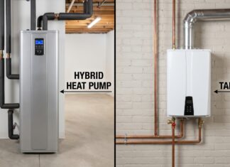 Heat Pump Water Heater vs Tankless: Which Is Better in 2026? A side-by-side comparison of a modern hybrid heat pump water heater and a wall-mounted gas tankless water heater.