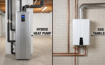 Heat Pump Water Heater vs Tankless: Which Is Better in 2026? A side-by-side comparison of a modern hybrid heat pump water heater and a wall-mounted gas tankless water heater.