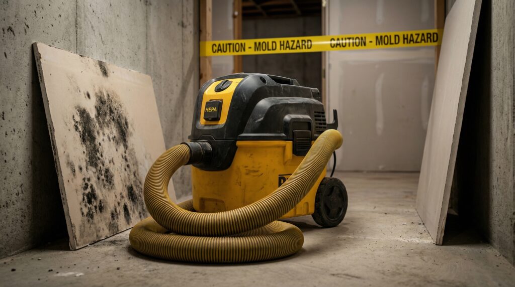 A heavy-duty commercial HEPA vacuum cleaner with a thick hose sitting on a concrete basement floor next to a piece of moldy drywall. A heavy-duty commercial HEPA vacuum cleaner with a thick hose sitting on a concrete basement floor next to a piece of moldy drywall.