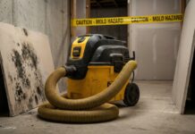Best HEPA Vacuum for Mold (2026): Stop Making This Toxic Mistake A heavy-duty commercial HEPA vacuum cleaner with a thick hose sitting on a concrete basement floor next to a piece of moldy drywall.