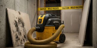 Best HEPA Vacuum for Mold (2026): Stop Making This Toxic Mistake A heavy-duty commercial HEPA vacuum cleaner with a thick hose sitting on a concrete basement floor next to a piece of moldy drywall.