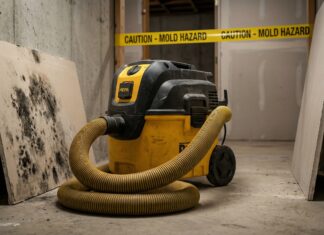 Best HEPA Vacuum for Mold (2026): Stop Making This Toxic Mistake A heavy-duty commercial HEPA vacuum cleaner with a thick hose sitting on a concrete basement floor next to a piece of moldy drywall.